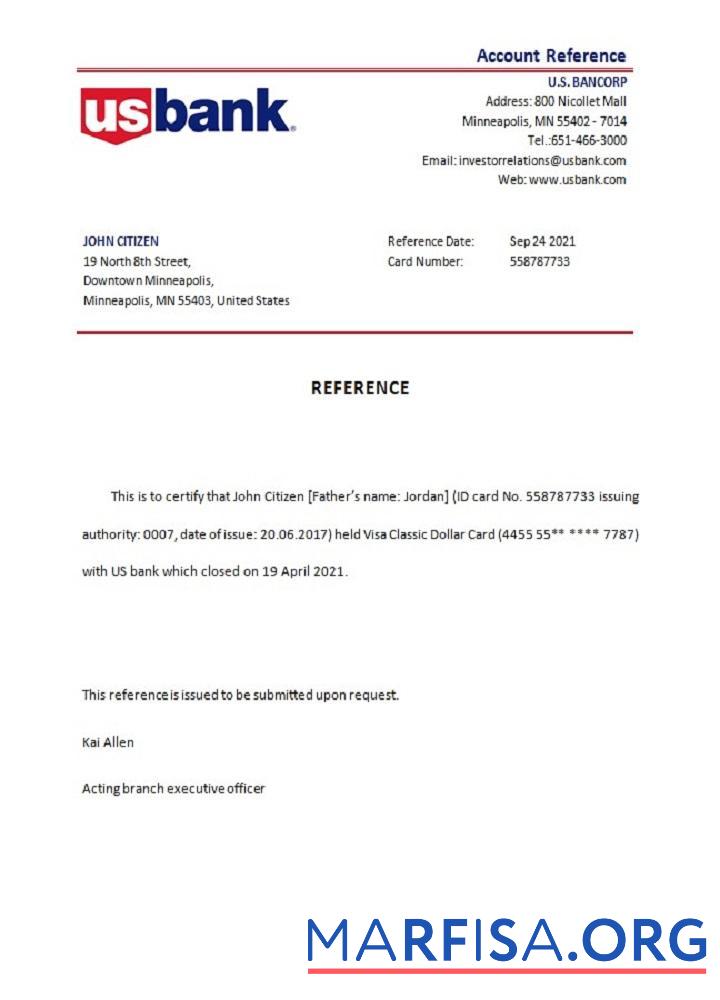 Downloadable USA U.S. Bankcorp closure reference real example